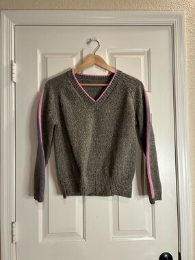 V-Neck Gray Sweater with Pink Trim